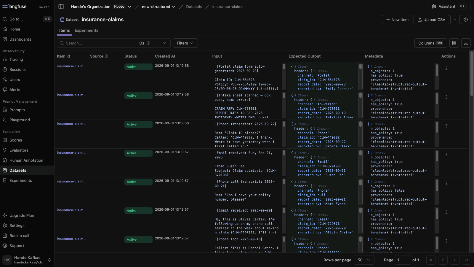 Insurance-claims dataset in Langfuse